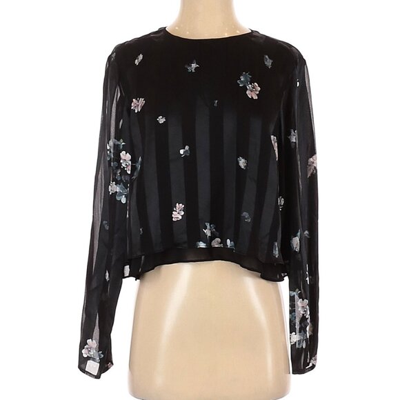 Club Monaco Floral Silk Blouse with Striped Sheer Panels in Black / Blush sz M - Picture 1 of 5